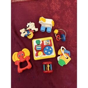 collection of 7 vtg baby toys lot Play Skool, Brio, Sanitoy, And Kiddie Craft